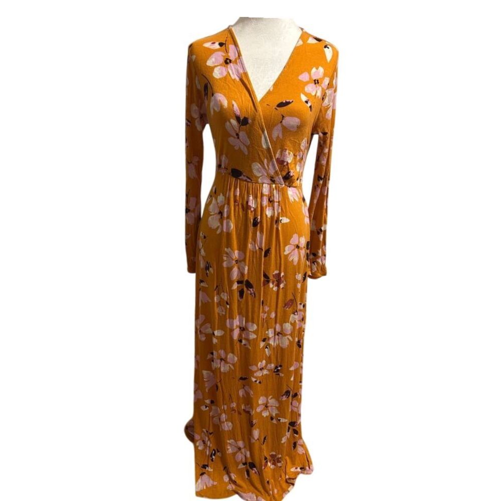 Motherhood small maternity Mustard Yellow maxi‎ dress floral longsleeve dress